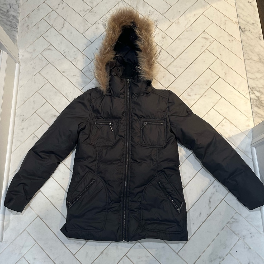 Black Steve by Searle puffer long coat with hood with fur. Size M.